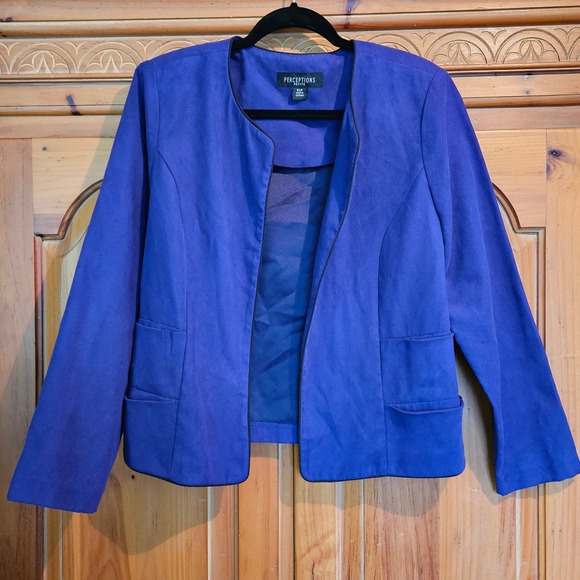 Women's Perceptions Purple With Black Trim Open Blazer Size 14 Petite - Picture 1 of 6